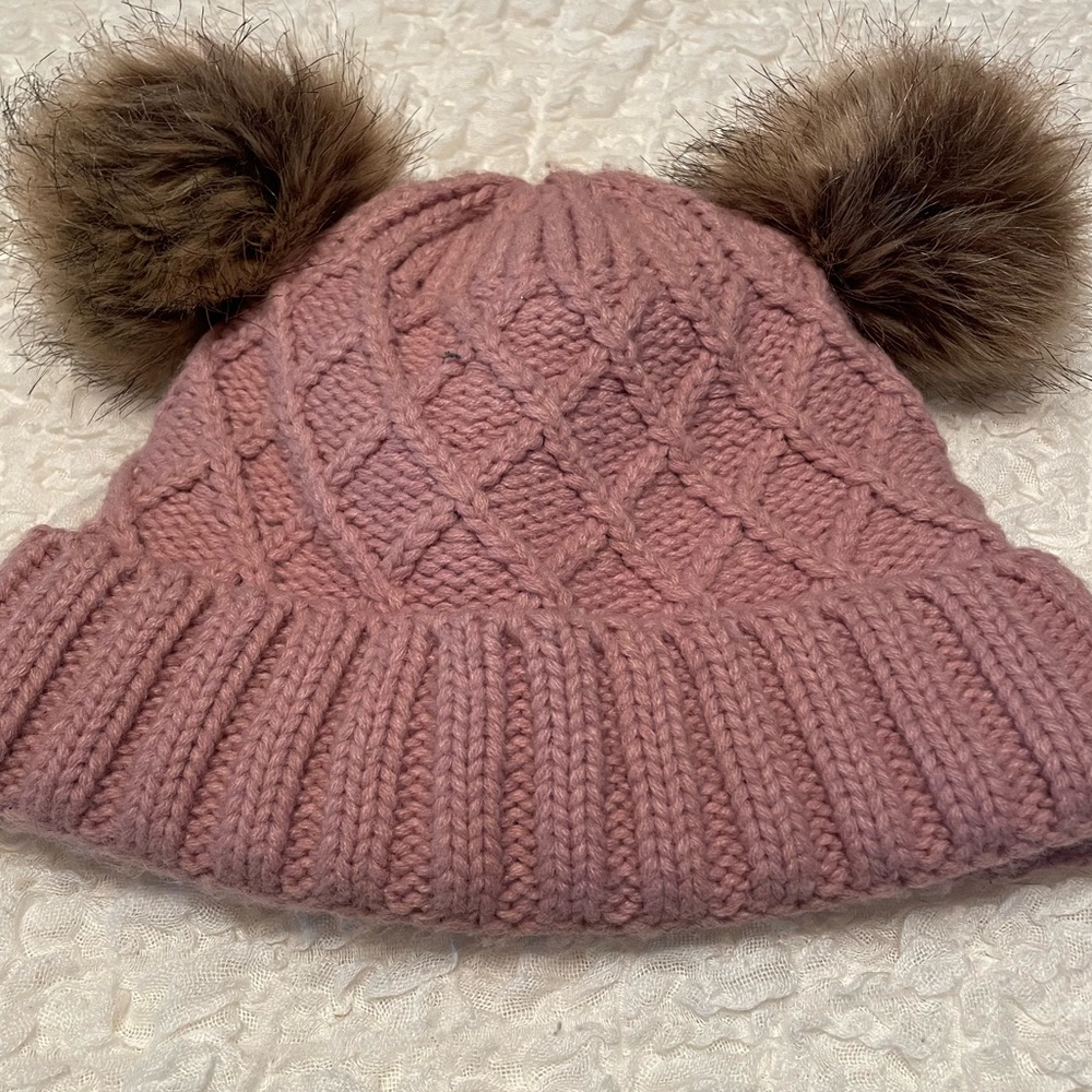 Cozy Pink Knit Hat with Faux Fur Pom Poms